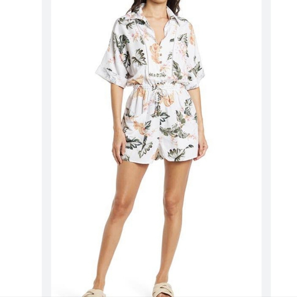 BLANKNYC Garden Party Tropical Print Linen Blend Romper